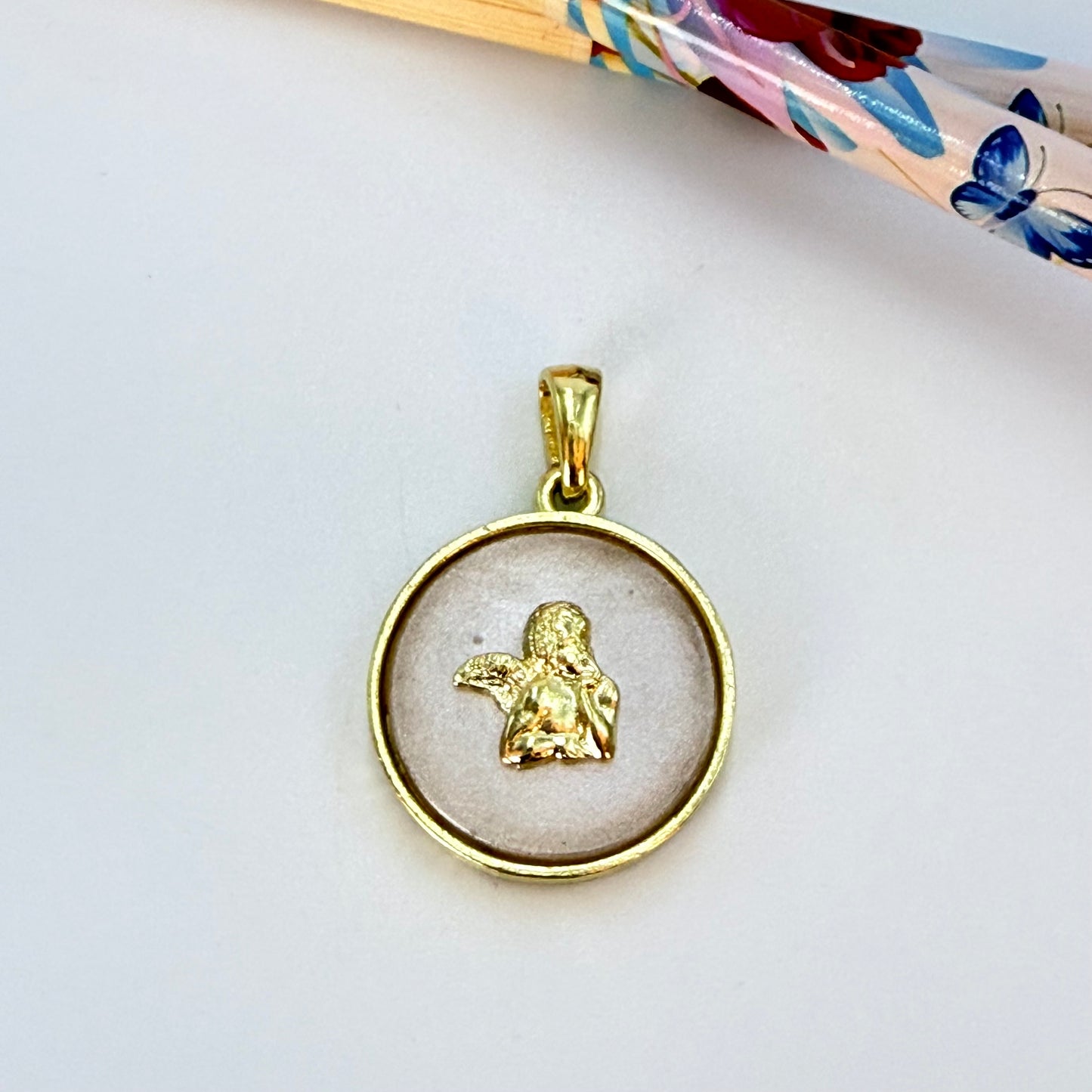 Joyas por Mayor Joyas Bañadas en Oro por Mayor Insumos para Joyas FO1245 Colgante Angel Fondo Cristal Empavonado diá. 23 mm más Valier 9x4 mm Espesor 4.2 mm Figura Baño Oro