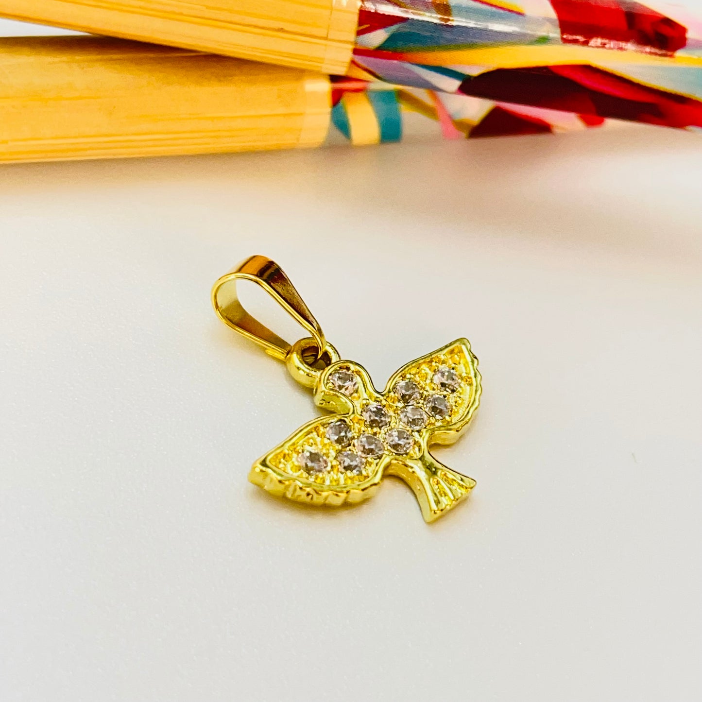 Joyas por Mayor Joyas Bañadas en Oro por Mayor Insumos para Joyas FO1186 Colgante Espíritu Santo Circones Cristal 11 x 17 mm más valier Espesor 1.8 mm Figura Baño Oro