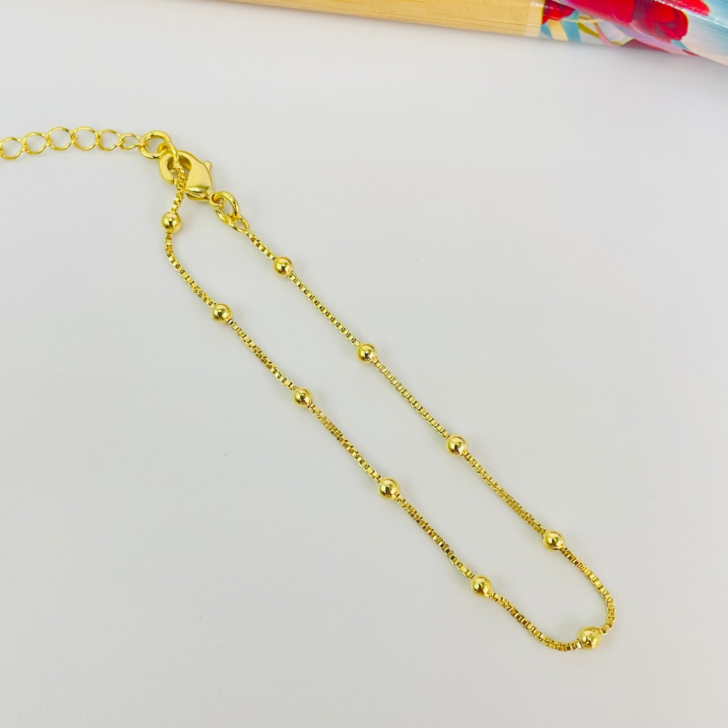 PO39 Pulsera Veneciana Eslabón 1 mm y Bolitas 2.2 mm Largo 16 cm más extensor 5 cm Pulsera Baño Oro