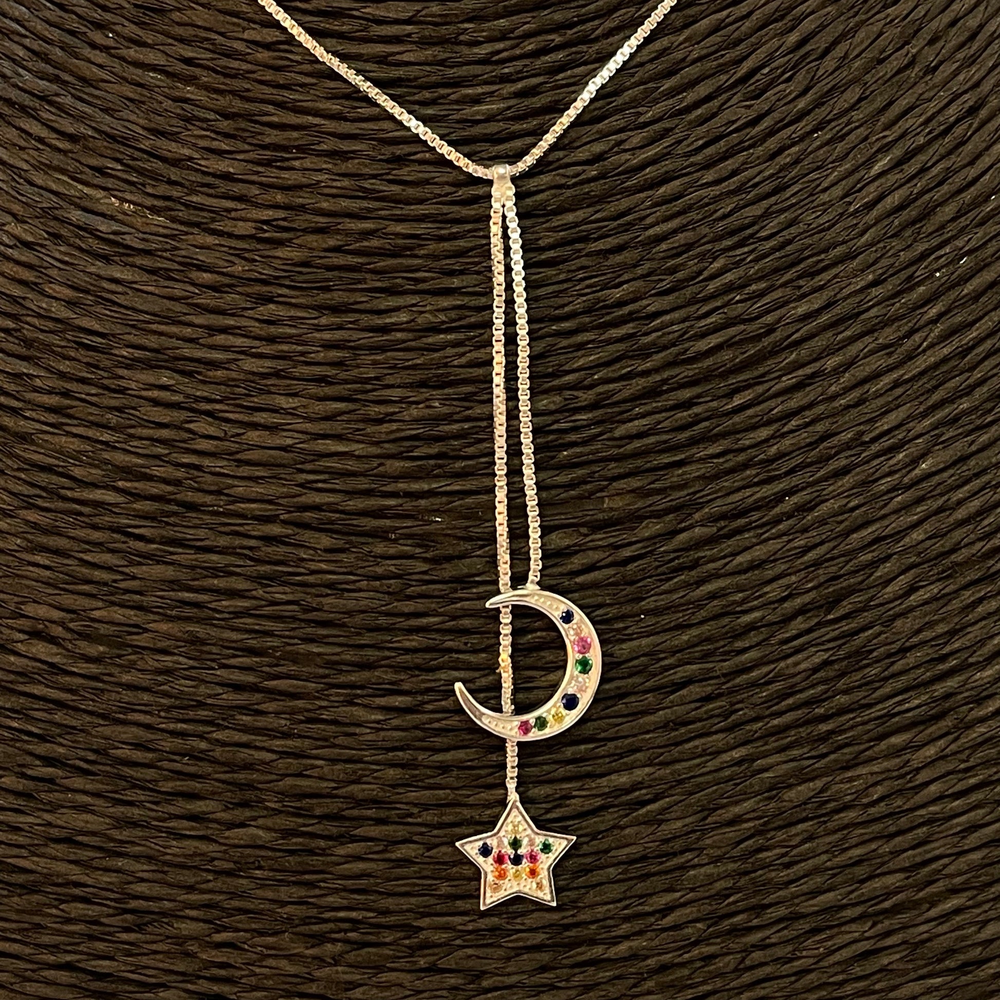 CP178 Collar Cascada Luna Estrella circones colores Cadena veneciana 40 cm mas extensor Cascada 6 cm Estrella 10 mm luna 12 mm Collar Terminado Baño Plata Cadenas Bañadas hecho de Bronce Bañado en Plata 50 ml Joyas Bañadas en Plata