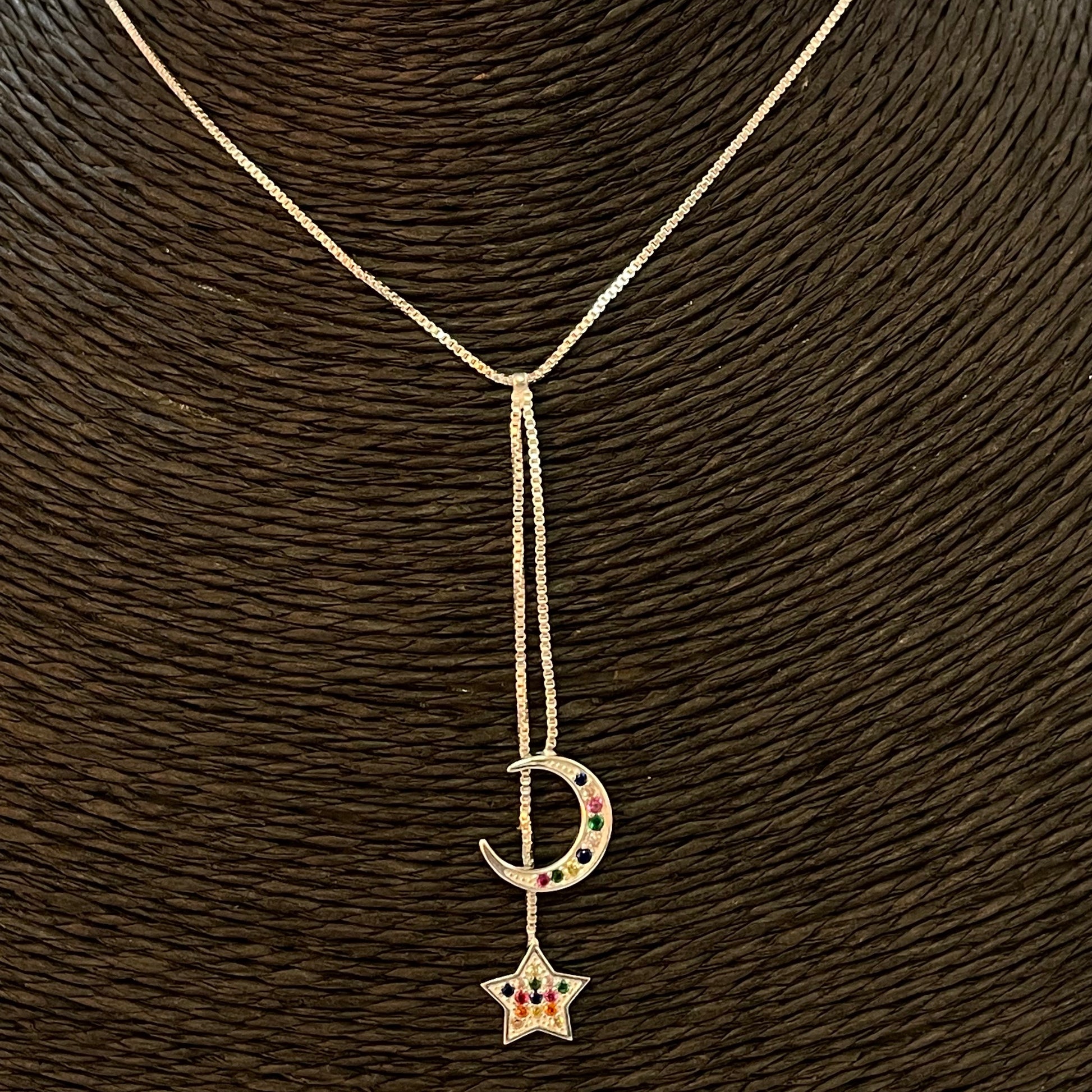 CP178 Collar Cascada Luna Estrella circones colores Cadena veneciana 40 cm mas extensor Cascada 6 cm Estrella 10 mm luna 12 mm Collar Terminado Baño Plata Cadenas Bañadas hecho de Bronce Bañado en Plata 50 ml Joyas Bañadas en Plata