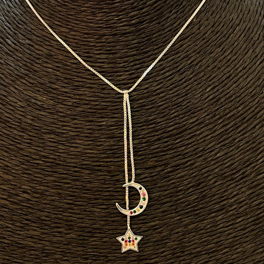 CP178 Collar Cascada Luna Estrella circones colores Cadena veneciana 40 cm mas extensor Cascada 6 cm Estrella 10 mm luna 12 mm Collar Terminado Baño Plata Cadenas Bañadas hecho de Bronce Bañado en Plata 50 ml Joyas Bañadas en Plata