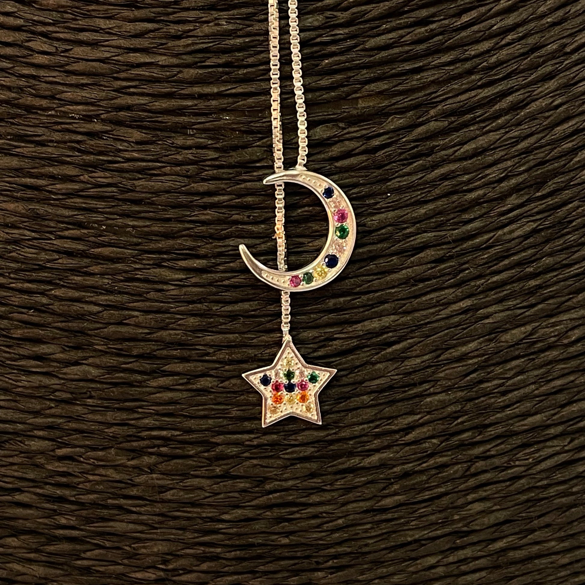 CP178 Collar Cascada Luna Estrella circones colores Cadena veneciana 40 cm mas extensor Cascada 6 cm Estrella 10 mm luna 12 mm Collar Terminado Baño Plata Cadenas Bañadas hecho de Bronce Bañado en Plata 50 ml Joyas Bañadas en Plata