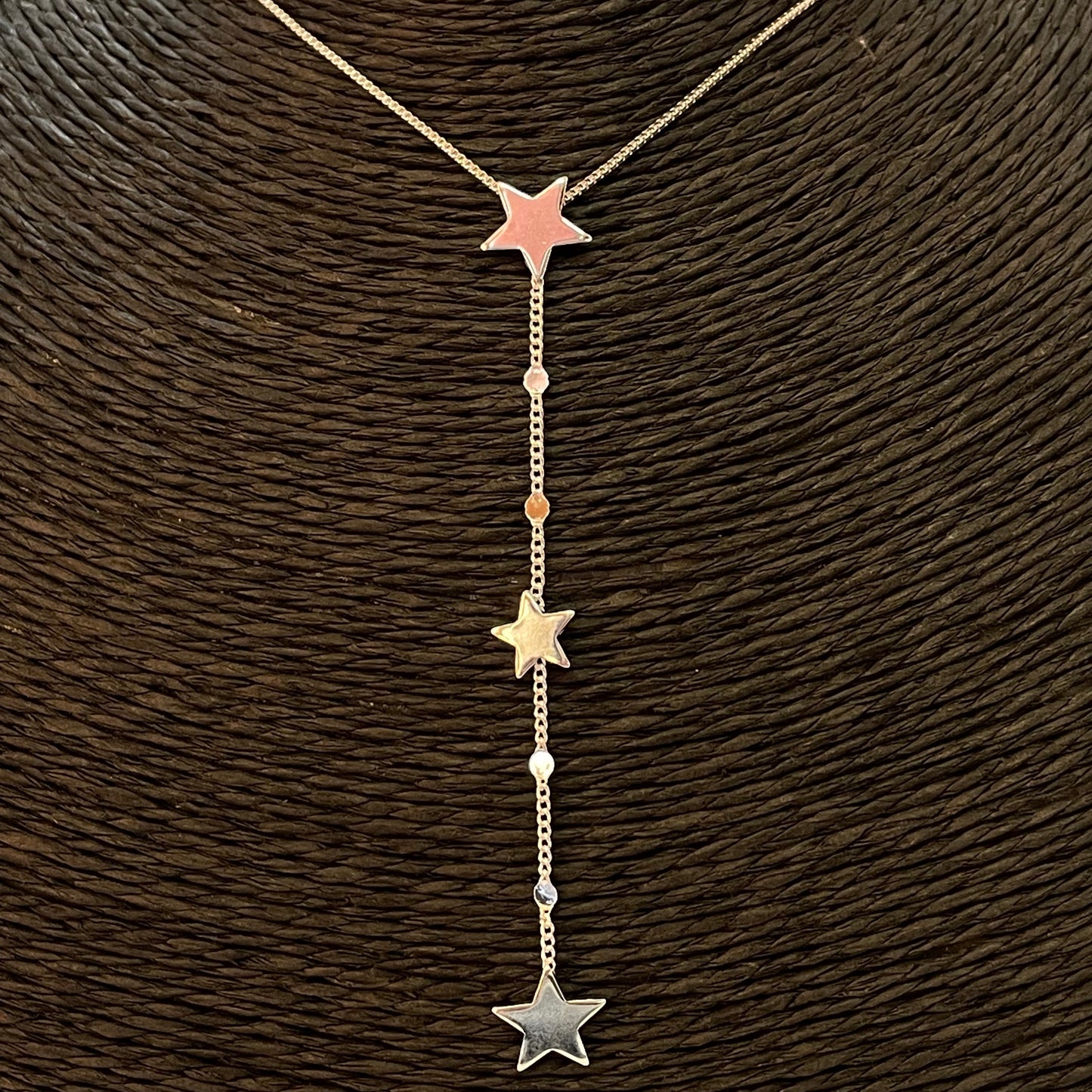 CP170 Collar Cascada Cadena Veneciana con 3 Estrellas dos de 10 mm y uno de 7 mm Largo 45 cm mas extensor Largo cascada 8 cm Collar Terminado Baño Plata Cadenas Bañadas hecho de Bronce Bañado en Plata 50 ml Joyas Bañadas en Plata