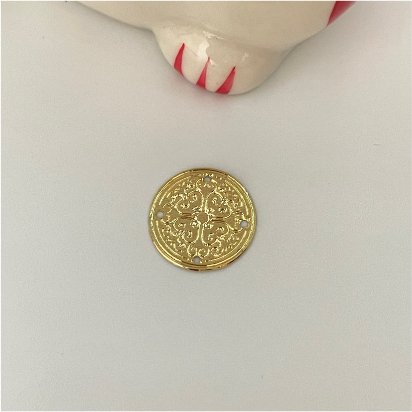 FO347 Mandala Redonda Estampada 4 perforaciones 13 mm Figura Baño Oro Figuras Bañadas en Oro y Plata hecho de Bronce Bañado en Oro 18K