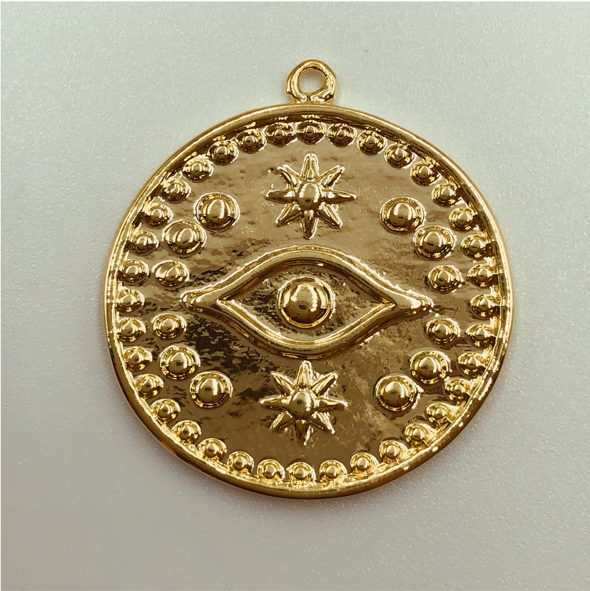 FO564 Colgante Circular Ojo Griego Figura Baño Oro Figuras Bañadas en Oro y Plata hecho de Bronce Bañado en Oro 18K