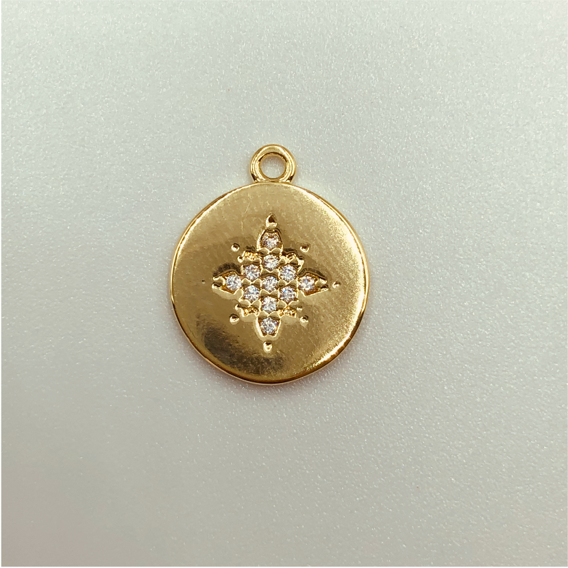 FO595 Colgante Redondo Estrella Guía Circones 13 mm Figura Baño Oro Figuras Bañadas en Oro y Plata hecho de Bronce Bañado en Oro 18K