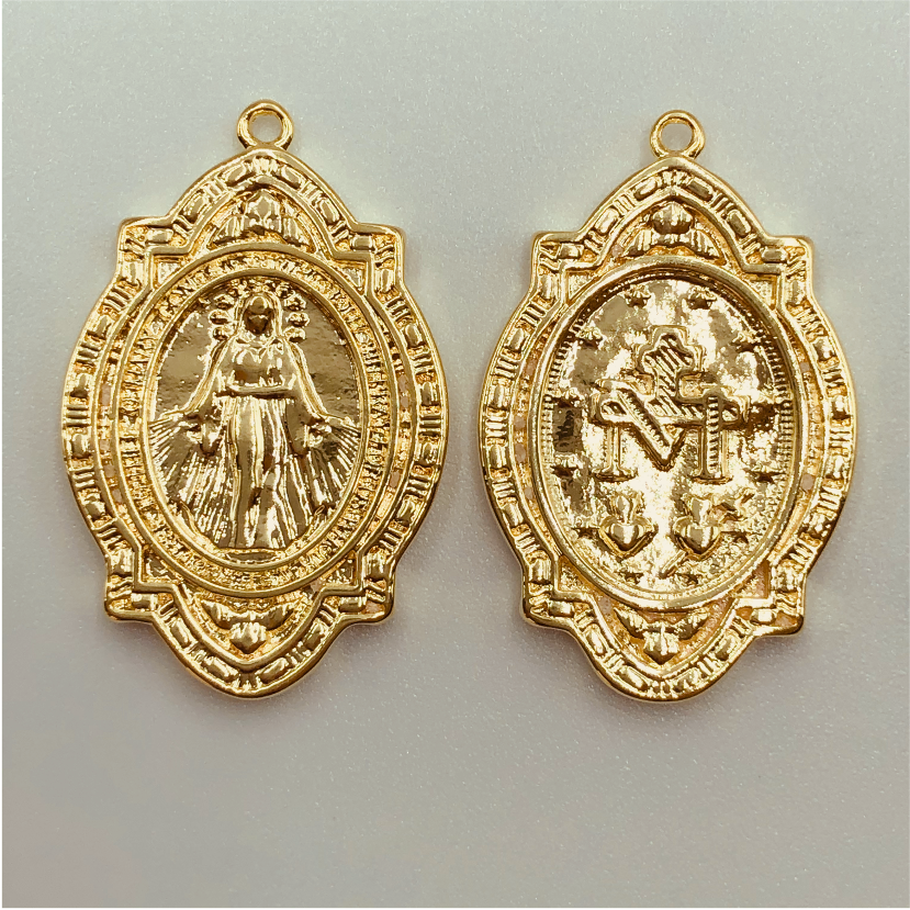 FO596 Colgante Ovalado Virgen de los Milagros 27 x 19 mm Figura Baño Oro Figuras Bañadas en Oro y Plata hecho de Bronce Bañado en Oro 18K