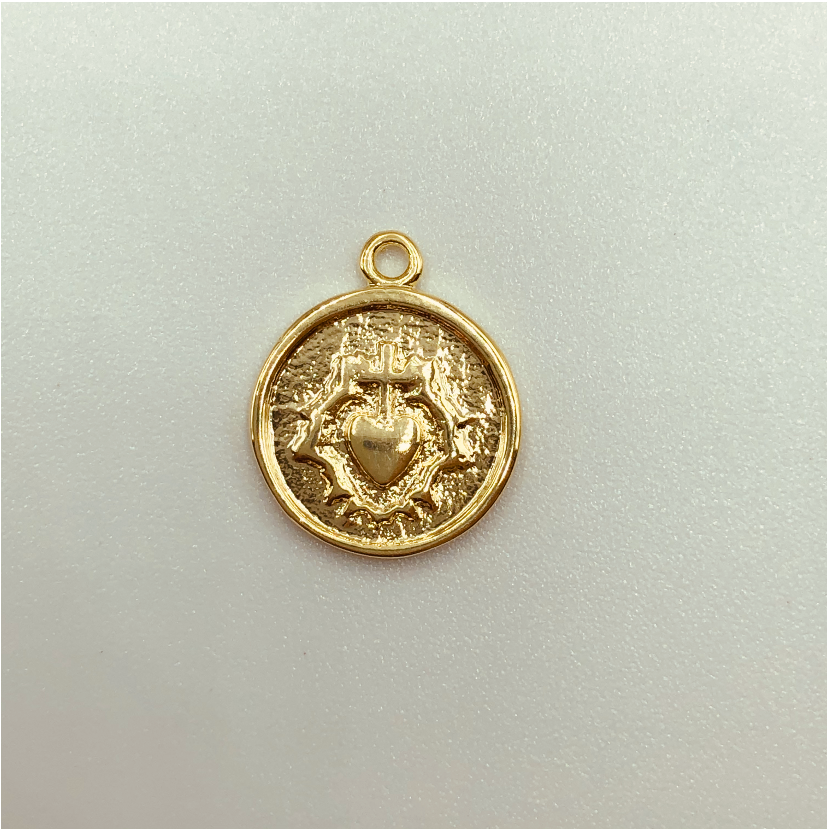 FO597 Colgante Redondo Sagrado Corazón 12 mm Figura Baño Oro Figuras Bañadas en Oro y Plata hecho de Bronce Bañado en Oro 18K