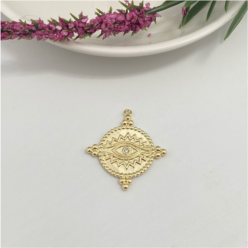 FO611 Colgante Redondo Ojo Griego Pestañas 1 Circón 3 Bolitas Figura Baño Oro Figuras Bañadas en Oro y Plata hecho de Bronce Bañado en Oro 18K