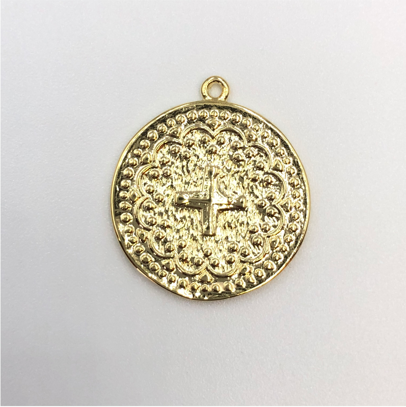 FO617 Colgante Cruz Borde Puntos 20 mm Figura Baño Oro Figuras Bañadas en Oro y Plata hecho de Bronce Bañado en Oro 18K