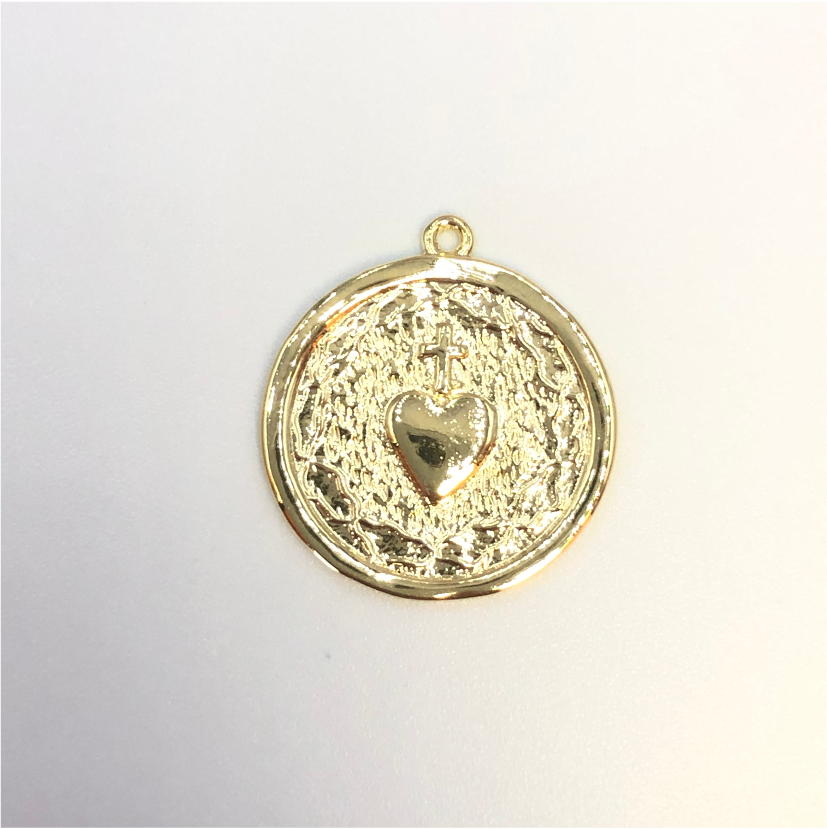 FO619 Colgante Sagrado Corazón con Cruz 20 mm Figura Baño Oro Figuras Bañadas en Oro y Plata hecho de Bronce Bañado en Oro 18K