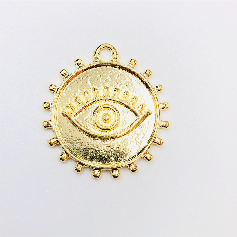 FO631 Colgante Redondo Ojo Griego con Borde 25 mm Figura Baño Oro Figuras Bañadas en Oro y Plata hecho de Bronce Bañado en Oro 18K