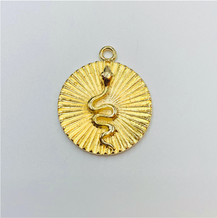 FO633 Colgante Redondo Con Cobra borde rayado 25 mm Figura Baño Oro Figuras Bañadas en Oro y Plata hecho de Bronce Bañado en Oro 18K