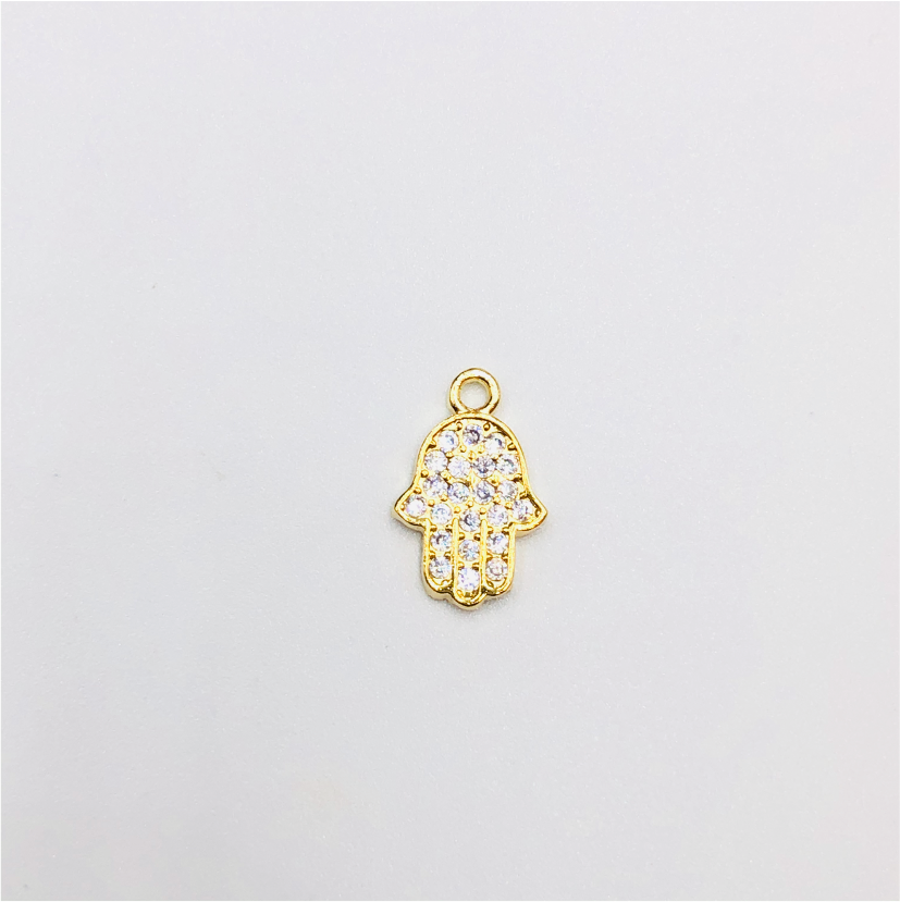 FO644 Colgante Mano de Fatima Mini con Circones 15 mm Figura Baño Oro Figuras Bañadas en Oro y Plata hecho de Bronce Bañado en Oro 18K