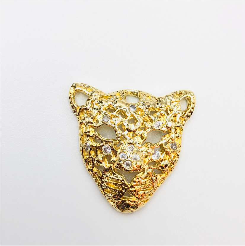 FO651 Colgante Cara de Jaguar con Circones 22 mm Figura Baño Oro Figuras Bañadas en Oro y Plata hecho de Bronce Bañado en Oro 18K