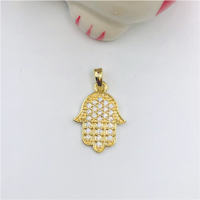 FO696 Colgante Mano de Fátima con Circones 17 x 13 mm con balier Figura Baño Oro Figuras Bañadas en Oro y Plata hecho de Bronce Bañado en Oro 18K