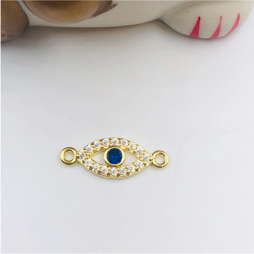FO707 Conector Ojo Griego con circones cristal y central azul 18 x 8 mm Figura Baño Oro Figuras Bañadas en Oro y Plata hecho de Bronce Bañado en Oro 18K