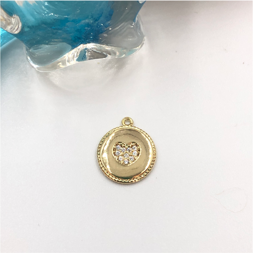 FO722 Medalla con Corazón y circones Borde Rutilado 11 mm Figura Baño Oro Figuras Bañadas en Oro y Plata hecho de Bronce Bañado en Oro 18K