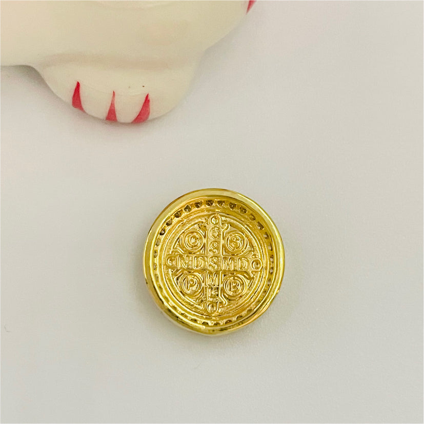 FO799 Colgante San Benito con circones en el borde y galeria 14 mm Figura Baño Oro Figuras Bañadas en Oro y Plata hecho de Bronce Bañado en Oro 18K Joyas Bañadas en Oro