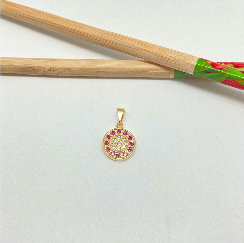 FO945 Colgante con Circones Rubí en el borde y 6 circones cristal en el centro diá. 14 mm más argollita más balier Figura Baño Oro Figuras Bañadas hecho de Bronce Bañado en Oro 18K Joyas Bañadas en Oro
