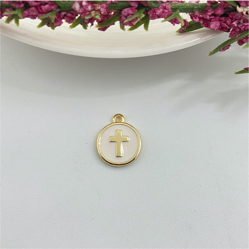 FO973 Colgante Medalla Cruz en relieve resina color 10 mm más argollita Figura Baño Oro Figuras Bañadas hecho de Bronce Bañado en Oro 18K Joyas Bañadas en Oro FO973-Hueso