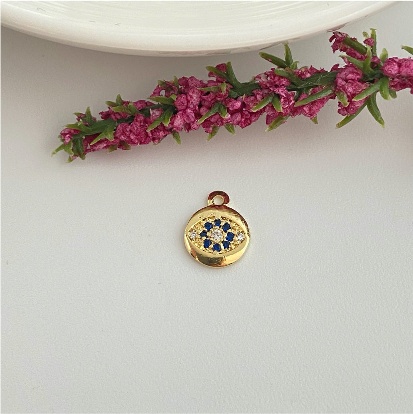 FO987 Colgante Mini Medalla Ojo Circones cristal y azules Diá. 7 mm más argollita Figura Baño Oro Figuras Bañadas hecho de Bronce Bañado en Oro 18K Joyas Bañadas en Oro