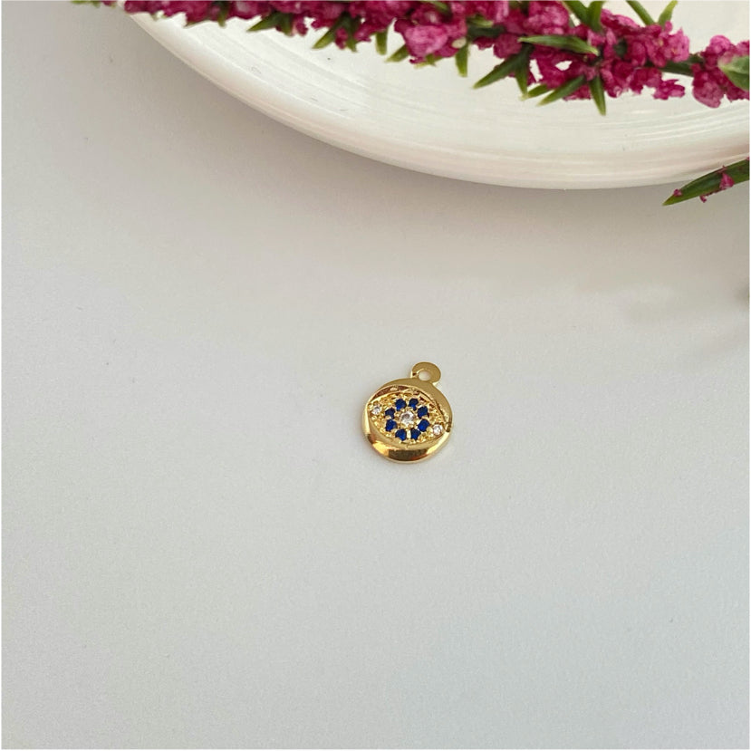 FO987 Colgante Mini Medalla Ojo Circones cristal y azules Diá. 7 mm más argollita Figura Baño Oro Figuras Bañadas hecho de Bronce Bañado en Oro 18K Joyas Bañadas en Oro