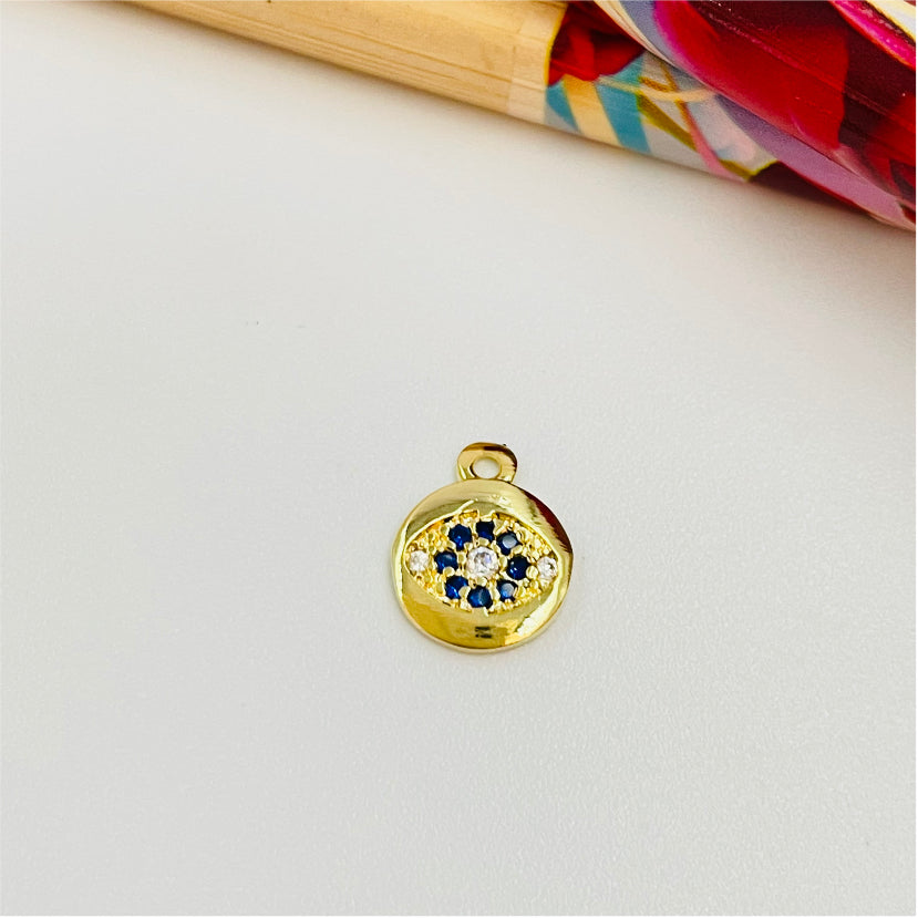 FO987 Colgante Mini Medalla Ojo Circones cristal y azules Diá. 7 mm más argollita Figura Baño Oro Figuras Bañadas hecho de Bronce Bañado en Oro 18K Joyas Bañadas en Oro