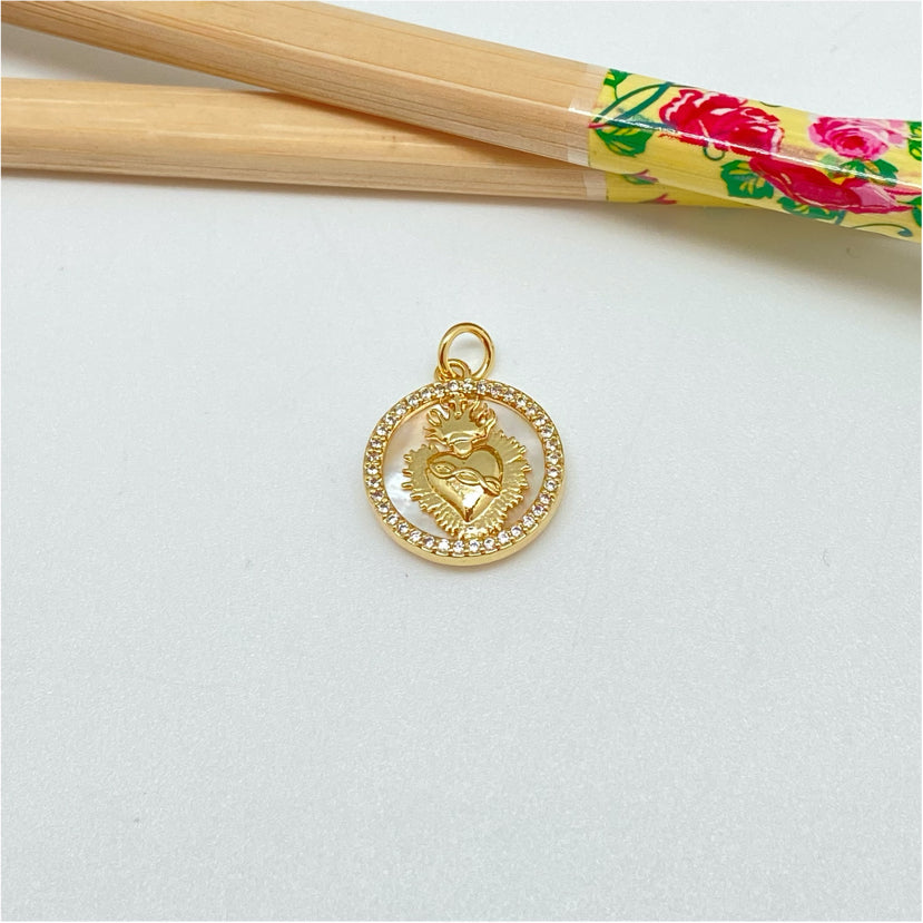 FO991 Colgante Medalla Nácar borde con micro circones y Detente diá. 15.5 mm más argollita y contra argolla espesor 3.5 mm Figura Baño Oro Figuras Bañadas hecho de Bronce Bañado en Oro 18K Joyas Bañadas en Oro