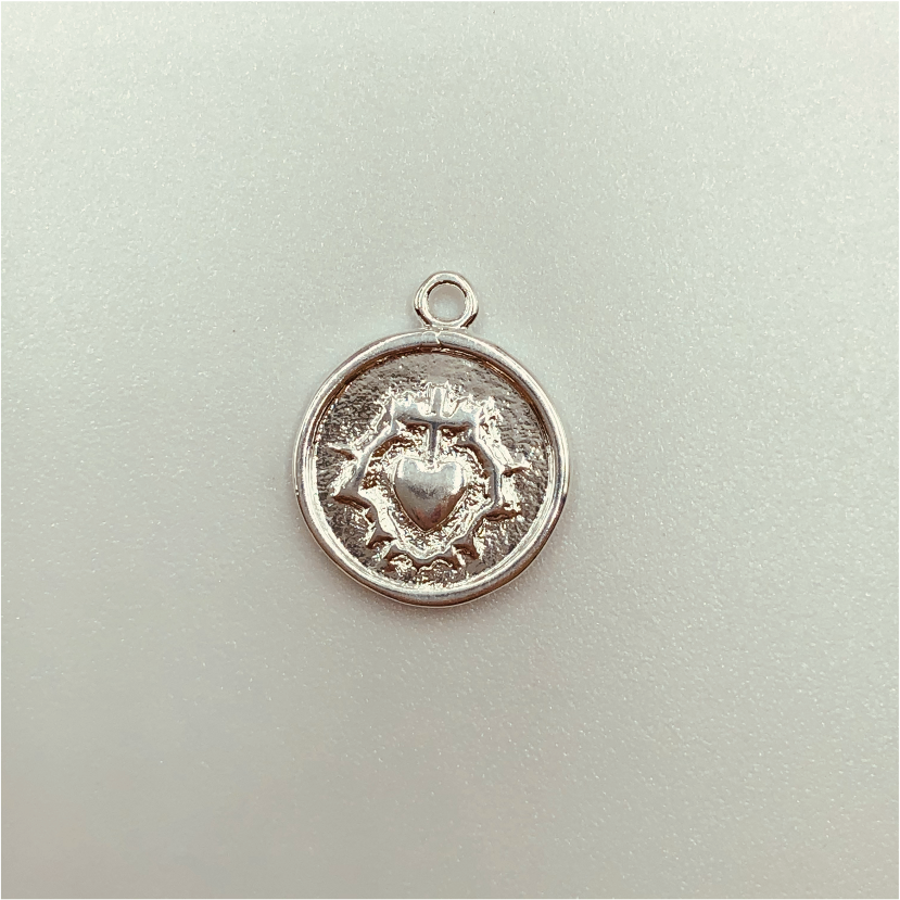 FP597 Colgante Redondo Sagrado Corazón 12 mm Figura Baño Plata Figuras Bañadas en Oro y Plata hecho de Bronce Bañado en Plata 50 ml