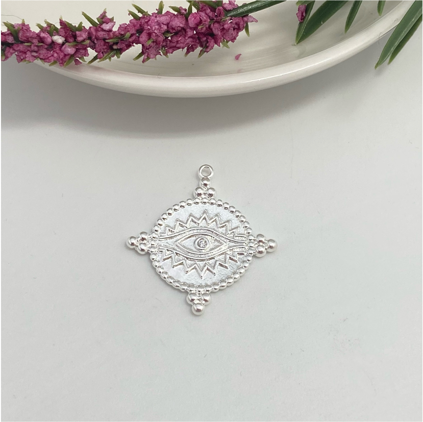 FP611 Colgante Redondo Ojo Griego Pestañas 1 Circón 3 Bolitas Figura Baño Plata Figuras Bañadas en Oro y Plata hecho de Bronce Bañado en Plata 50 ml