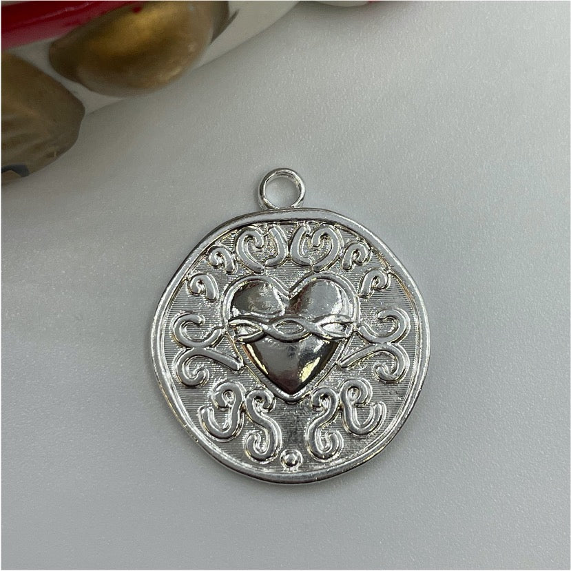 FP742 Medalla Corazón con estampado 23 mm más argollita Figura Baño Plata Figuras Bañadas en Oro y Plata hecho de Bronce Bañado en Plata 50 ml Joyas Bañadas en Plata
