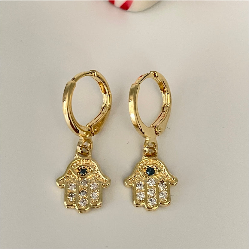 XO168 Aro Argolla Articulada 10 mm y Mano de Fátima Colgante 12x12 mm Aro Baño Oro Aros Bañados en Oro y Plata hecho de Bronce Bañado en Oro 18K