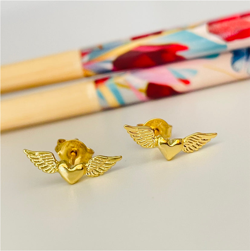 XO210 Aro Corazón Alitas 6x15 mm Aro Baño Oro Aros Bañados en Oro y Plata hecho de Bronce Bañado en Oro 18K Joyas Bañadas en Oro