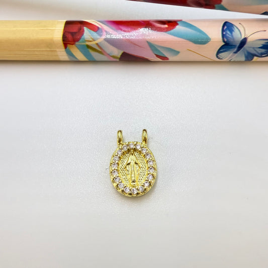 Joyas por Mayor Joyas Bañadas en Oro por Mayor Insumos para Joyas FO1246 Colgante Virgen de los Milagros Borde con Circones 9 x 8 mm con 2 argollitas de 3 mm Espesor 2.5 mm Figura Baño Oro
