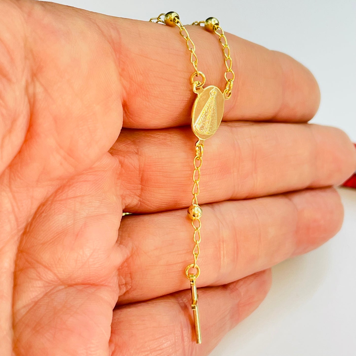 PO33 Pulsera Rosario Decenario Virgen Aparecida Cadena Bolitas 2.8 mm Largo 20 cm Largo Cadena y Cruz 3.5 cm Pulsera Baño Oro