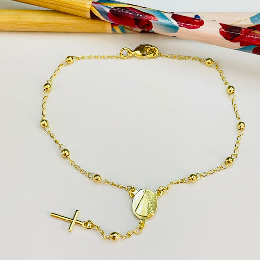 Joyas por Mayor Joyas Bañadas en Oro por Mayor Insumos para Joyas PO33 Pulsera Rosario Decenario Virgen Aparecida Cadena Bolitas 2.8 mm Largo 20 cm Largo Cadena y Cruz 3.5 cm Pulsera Baño Oro