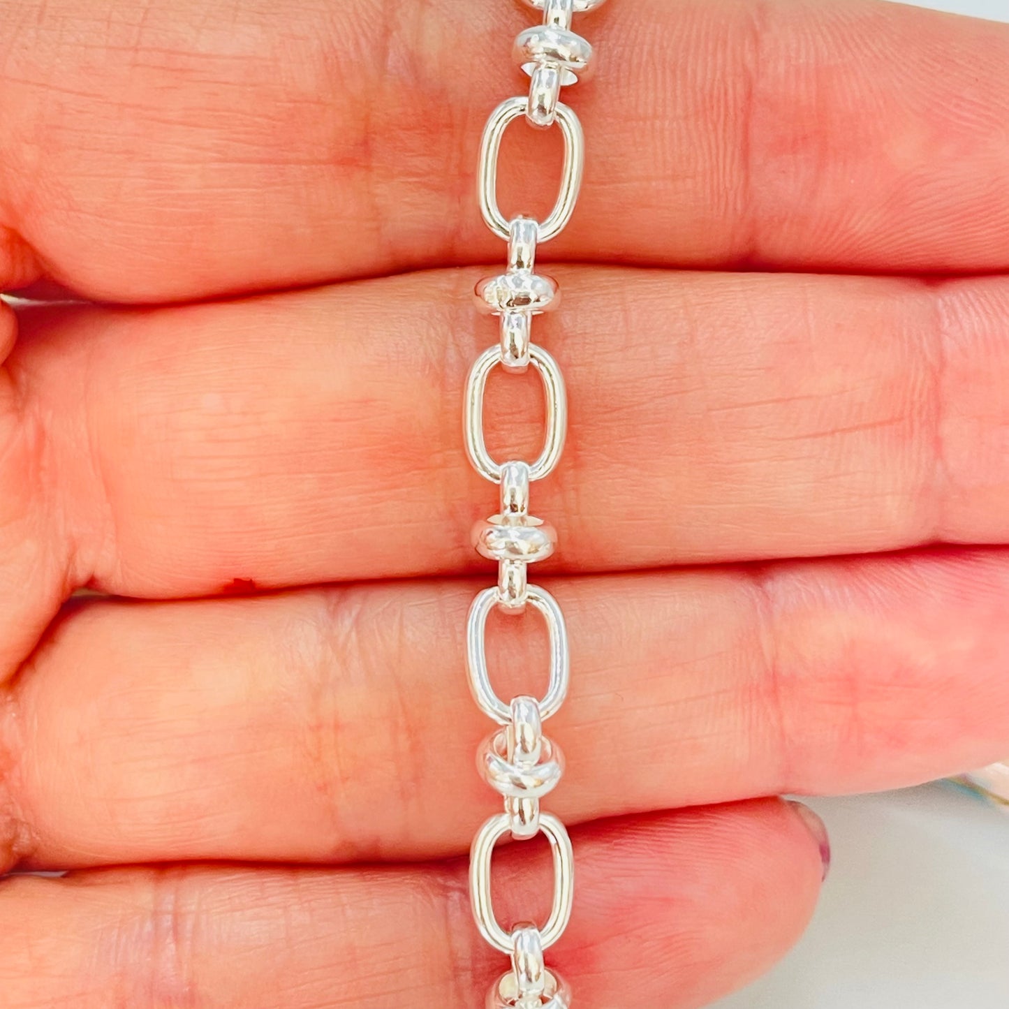 Joyas por Mayor Joyas Bañadas en Plata por Mayor Insumos para Joyas PP23 Pulsera Eslabones Alternados 8 x 5.5 mm Espesor 1 mm Largo 17 cm mas extensor de 3 cm terminal mini corazón Pulsera Baño Plata