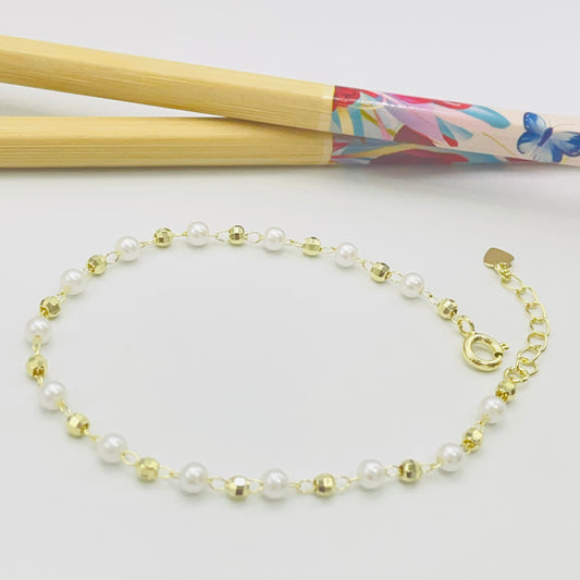 Joyas por Mayor Joyas Bañadas en Oro por Mayor Insumos para Joyas PO25 Pulsera Perlas diá. 3.5 mm y bolitas facetadas 2.8 mm Largo 17.5 cm más extensor con terminal mini corazón Pulsera Baño Oro