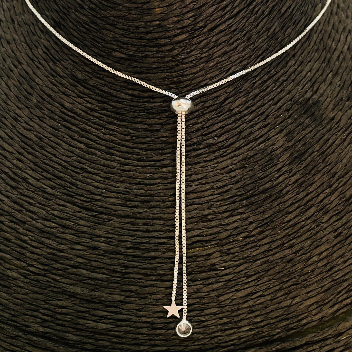 CP105 Collar Cascada altura ajustable con Estrella 6 mm y Circón 4 mm Largo Total 70 cm Cadena Baño Plata Cadenas Bañadas en Oro y Plata hecho de Bronce Bañado en Plata 50 ml Joyas Bañadas en Plata