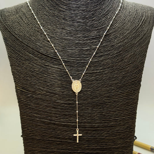 Joyas por Mayor Joyas Bañadas en Plata por Mayor Insumos para Joyas CP234 Rosario Virgen de los milagros Borde con mini circones 14x1 mm Cadena veneciana bolitas de 2 mm 60 cm Largo cascada 5.5 mm cruz con circones 10x8 mm Cadena Terminada Baño Plata