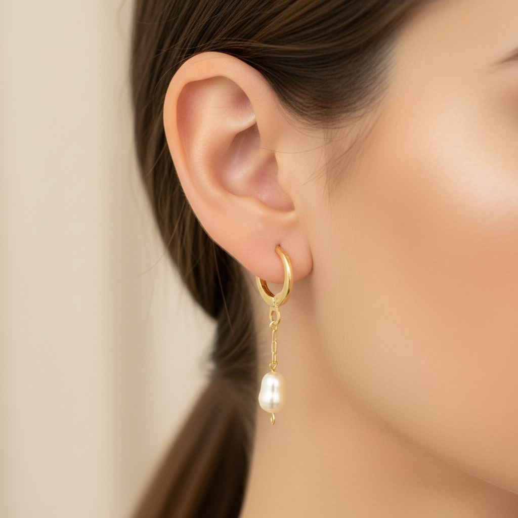 XO562 Aro Argolla con Perla tipo Río de 7x5 mm Largo Total 30 mm Largo cadena 18 mm Aro Baño Oro