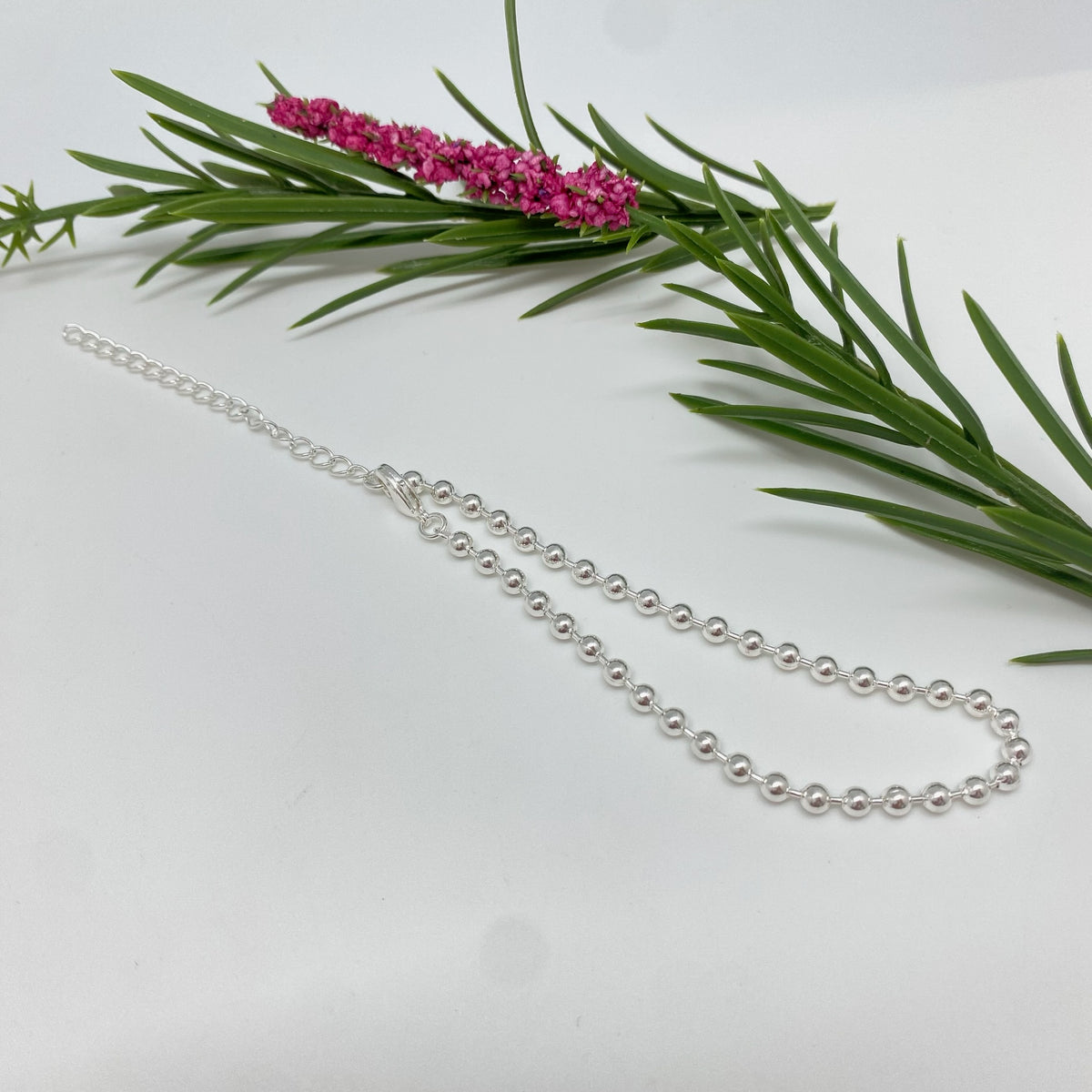 PP46 Pulsera de bolitas 3 mm y mini tubitos Largo 17 cm más extensor de 5 cm  Pulsera Baño Plata