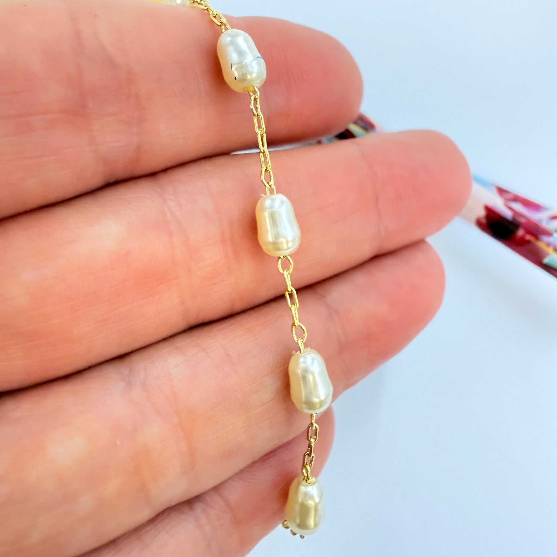 Joyas por Mayor Joyas Bañadas en Oro por Mayor Insumos para Joyas PO35 Pulsera con Perlas tipo Río de 7x5 mm Largo 15 cm más extensor de 4.5 cm Pulsera Baño Oro