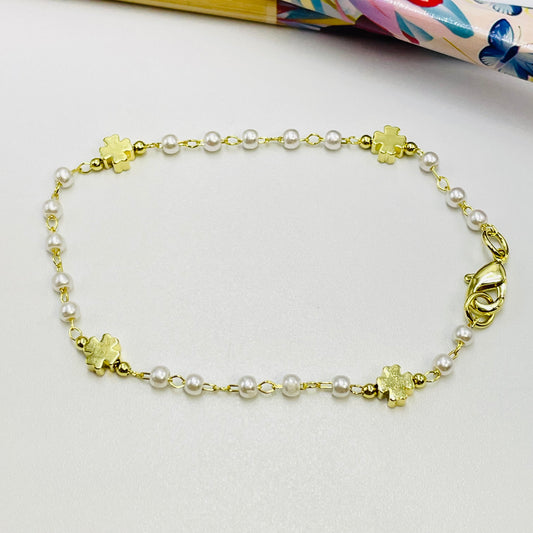 Joyas por Mayor Joyas Bañadas en Oro por Mayor Insumos para Joyas PO20 Pulsera Perlas diá. 3 mm con mini cruces 5 mm espesor 3 mm Largo 16.5 cm Pulsera Baño Oro