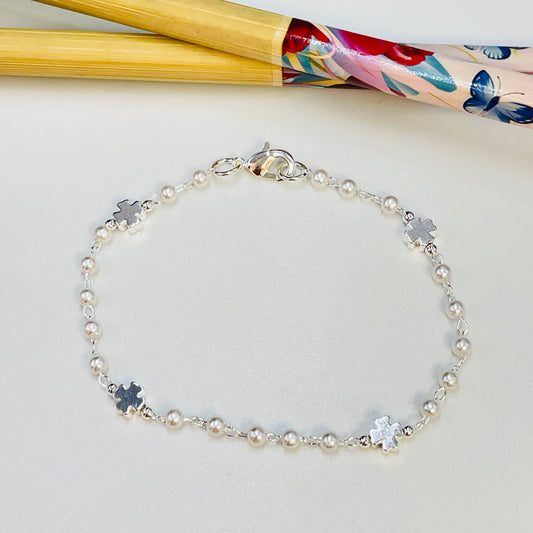 Joyas por Mayor Joyas Bañadas en Plata por Mayor Insumos para Joyas PP20 Pulsera Perlas diá. 3 mm con mini cruces 5 mm espesor 3 mm Largo 16.5 cm Pulsera Baño Plata
