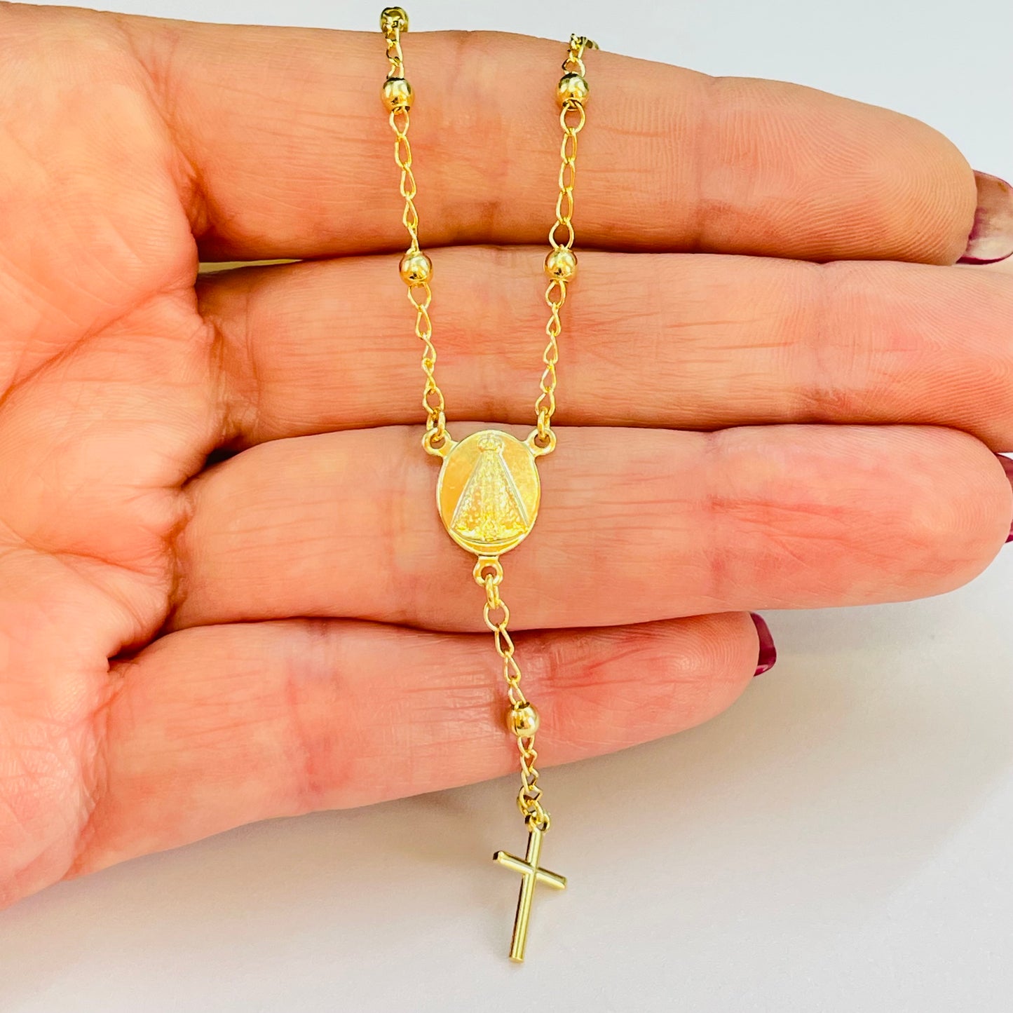 PO33 Pulsera Rosario Decenario Virgen Aparecida Cadena Bolitas 2.8 mm Largo 20 cm Largo Cadena y Cruz 3.5 cm Pulsera Baño Oro