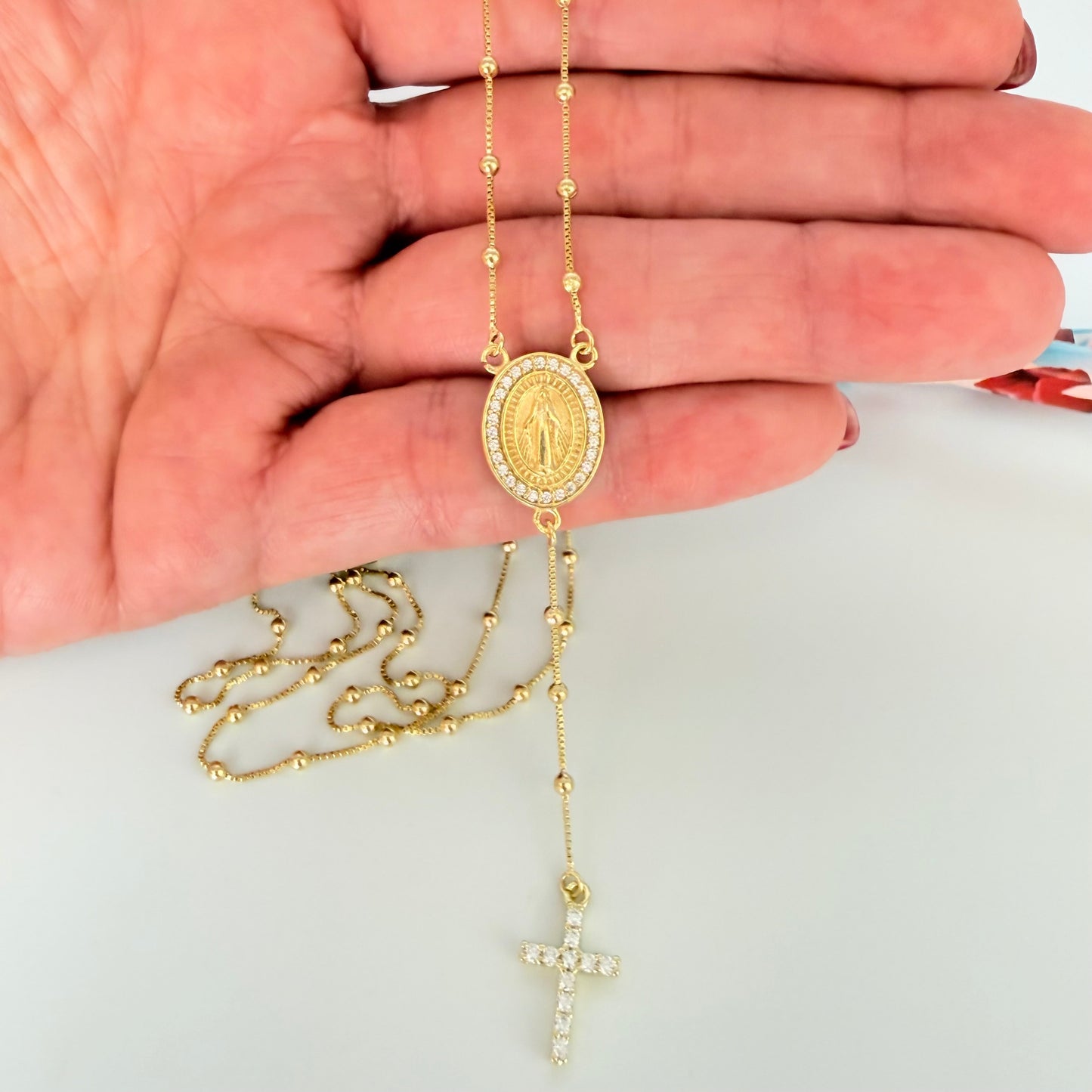 CO234 Rosario Virgen de los milagros Borde con mini circones 14x1 mm Cadena veneciana bolitas de 2 mm 60 cm Largo cascada 5.5 mm cruz con circones 10x8 mm Collar Terminado Baño Oro
