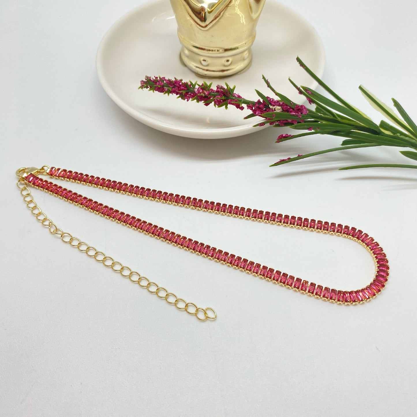 CO198 Collar Chocker Cristales Rosa Light Baguette Largo 30 cm más Extensor de 10 cm Ancho 4.5 mm Espesor 2.8 mm Collar Terminado Baño Oro Cadenas Bañadas hecho de Bronce Bañado en Oro 18K Joyas Bañadas en Oro